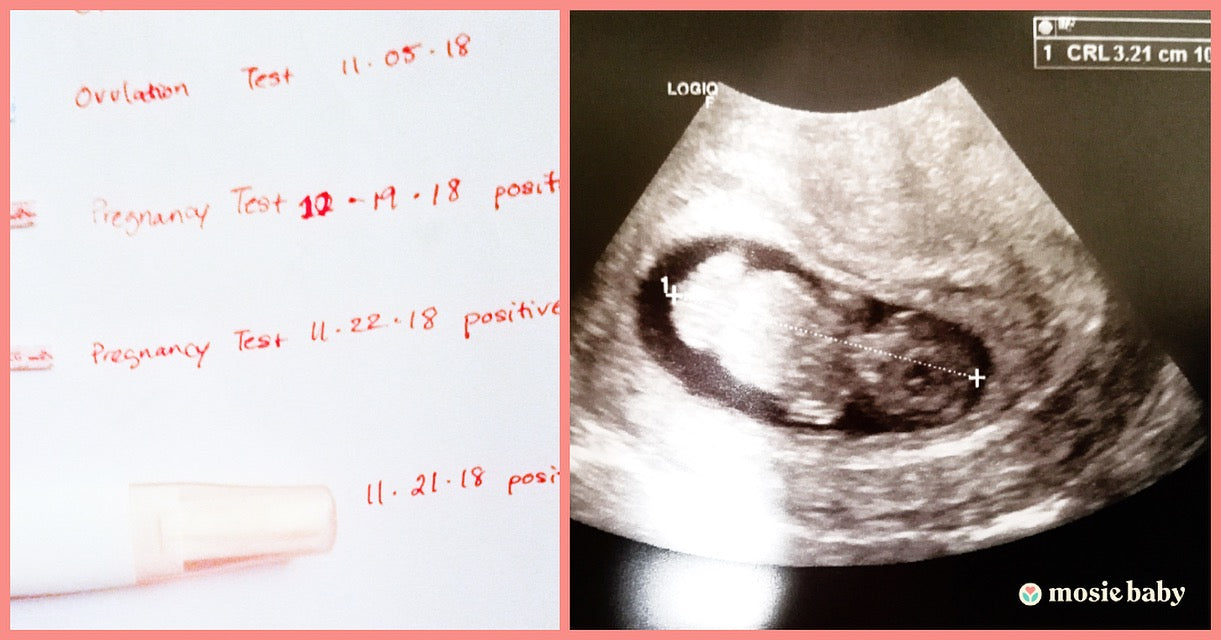 A positive pregnancy test and a sonogram of a mosie baby