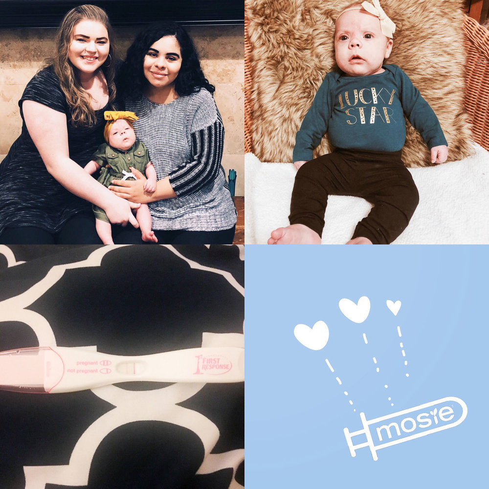 A couple with their Mosie baby girl and pregnancy test